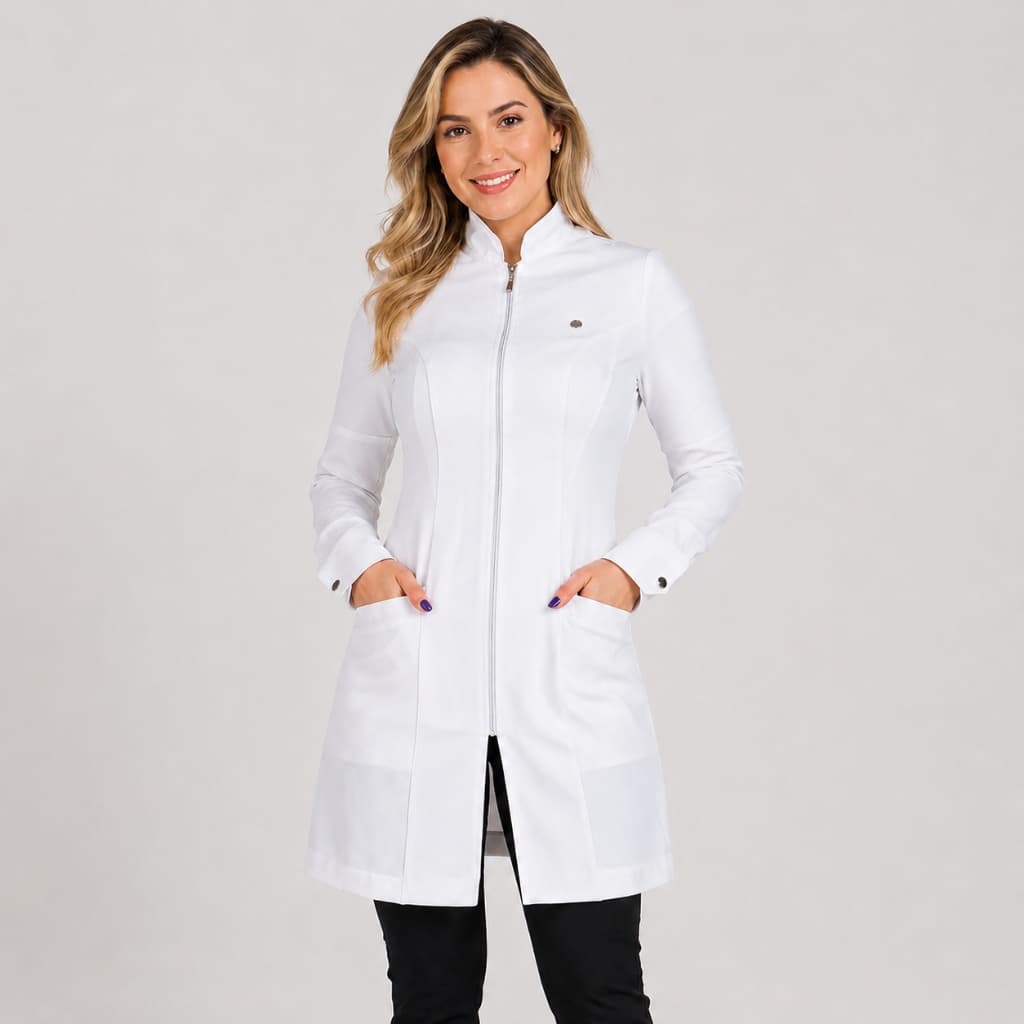 Jaleco Feminino Zíper Manga Longa Acinturado Off White