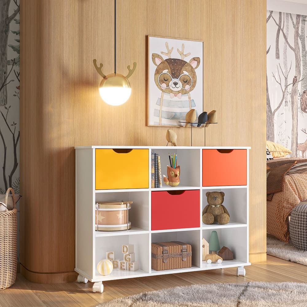 Organizador de Brinquedos com 3 gavetas - Nicho para Escritório, sala e quarto - Diversas Cores - Rodízios com trava