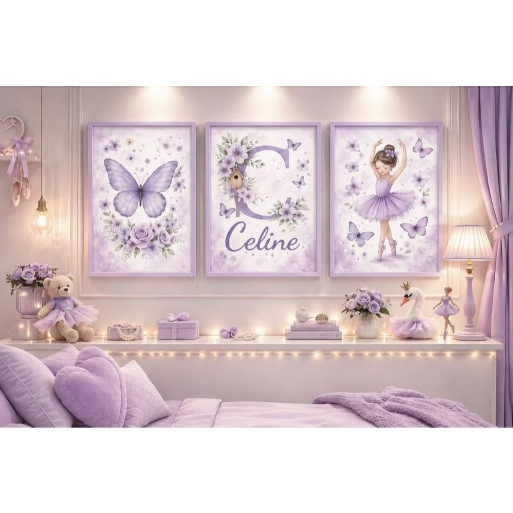 3 peças Quadros Decorativos Borboleta bailarina Lilás roxo Flores infantil Decoração Quarto Sala menina