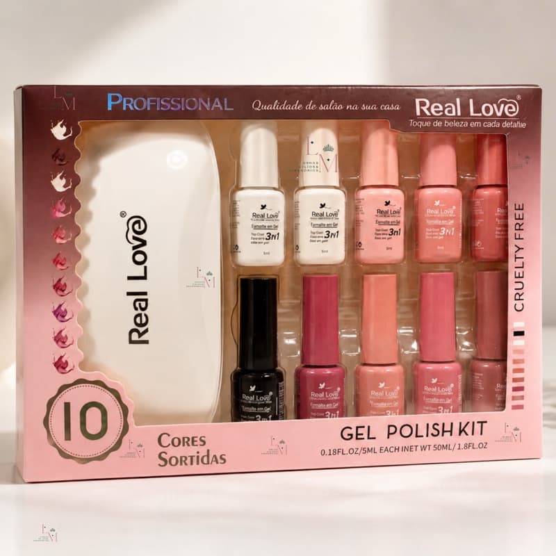 Kit 10 Cores Esmalte em Gel 3em1 Tons Nude/Marrom e Vermelho Acompanha Mini Cabine 5ml Real Love