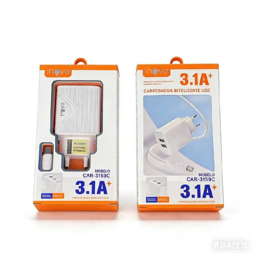 "|Carregador Inteligente usb Tipo C - Carregamento Rápido|" - 2 Saída USB - Proteção de Sobrecarga - Chip Inteligente