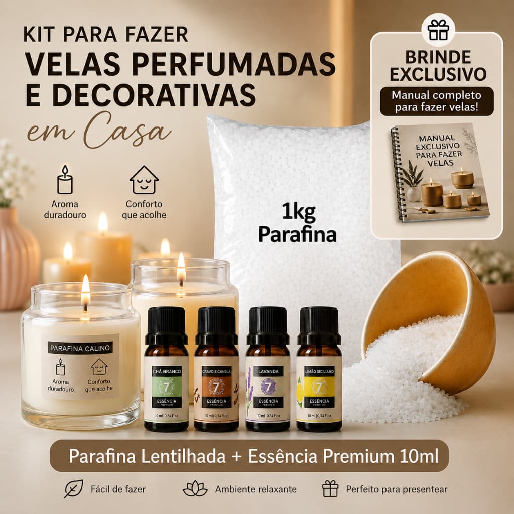 Kit Parafina Lentilhada 1KG + Essência PREMIUM 10ml para fazer Velas Perfumadas em Casa