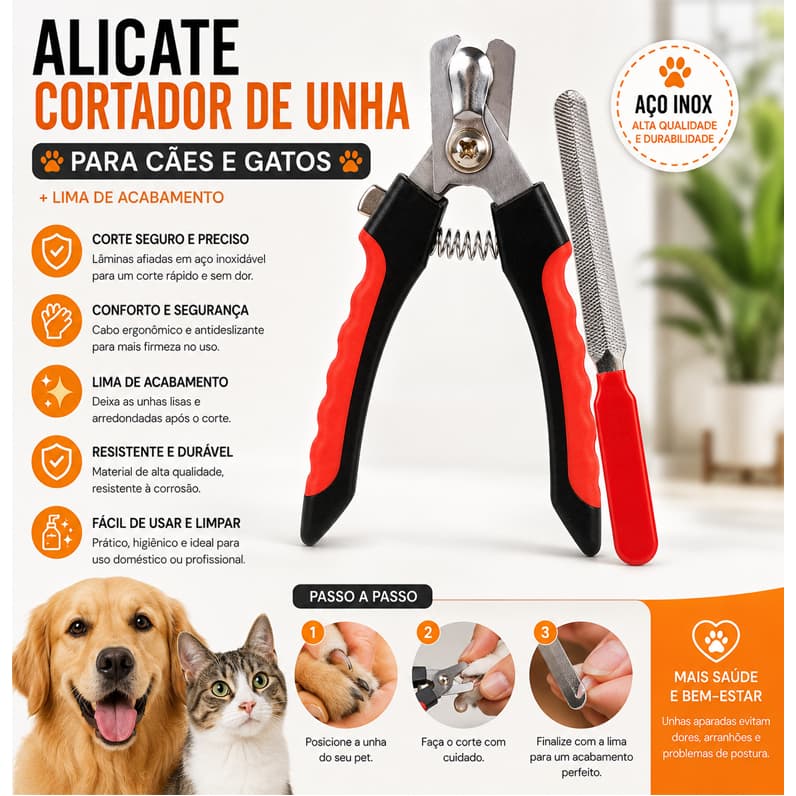 Kit Alicate Pet Tesoura Corte De Unhas Caes Gatos + Lixa Pet Porte Médio