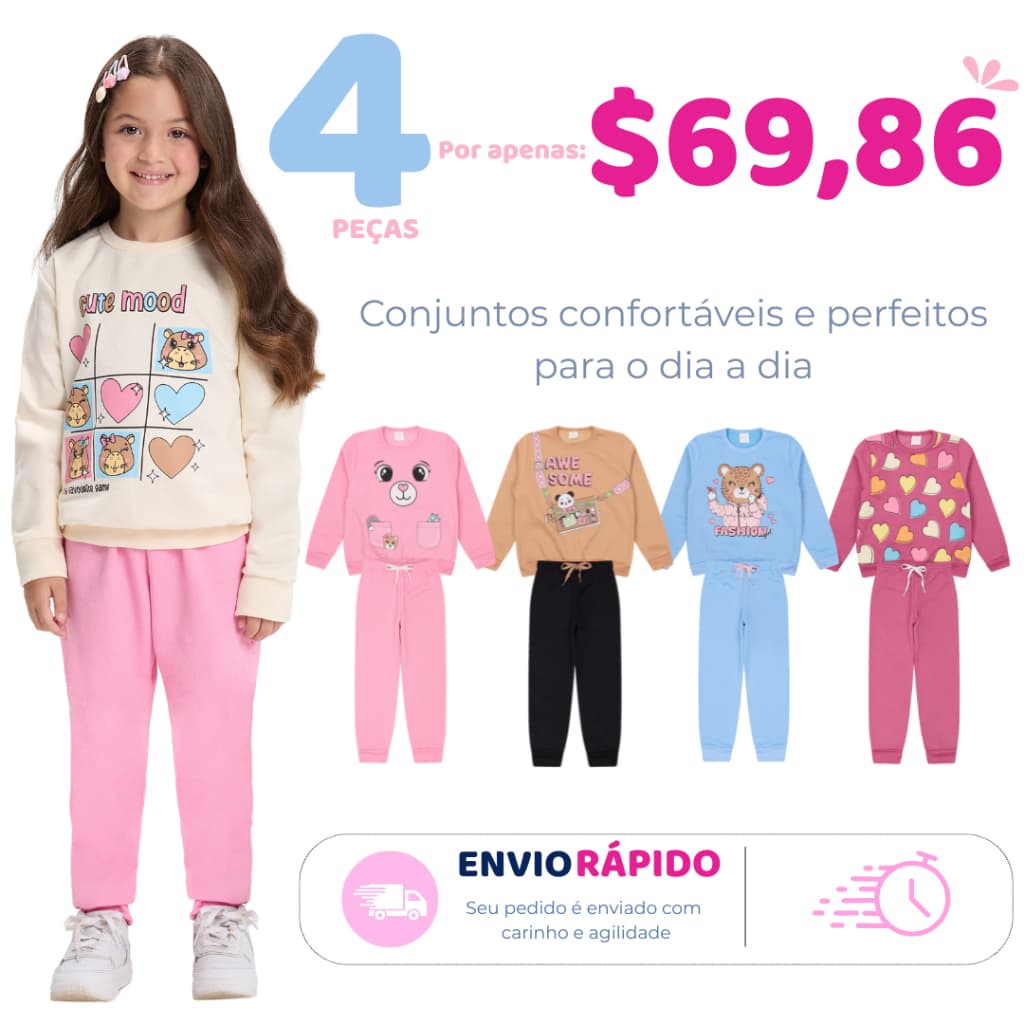 Kit Sortido 4 Peças de Roupas Infantil Menina Moletom Peluciado Inverno 2 ao 10 anos