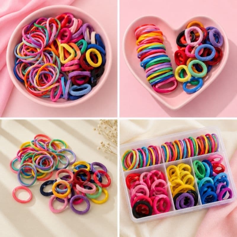 Kit completo 100 Xuxinhas rabicó + 100 borrachinhas liguinhas de acessórios para cabelo infantil! Coloridas