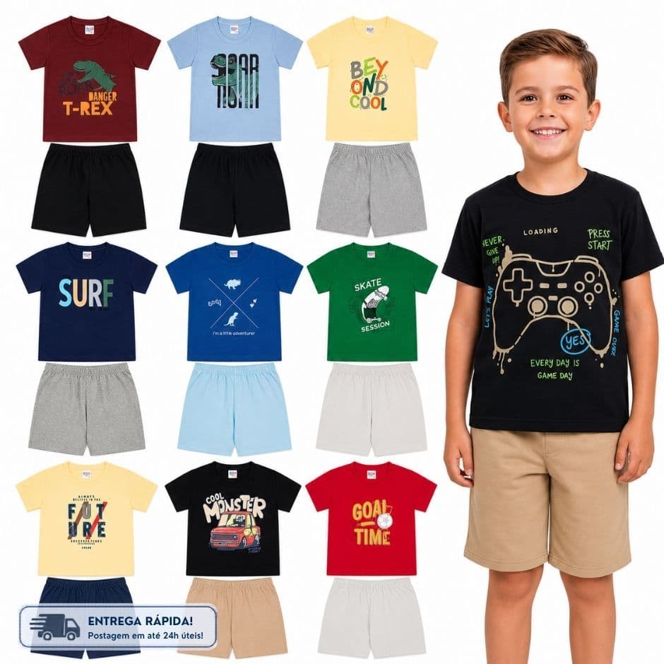 Kit Conjunto Infantil Masculino Verão Camiseta ou Regata + Bermuda Sortido