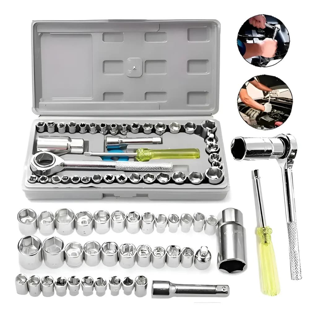 Kit De Ferramentas 40 Peças Cinzenta/Preta Jogo De Soquetes Chave Catraca Reversível Com Maleta Jogo Completo