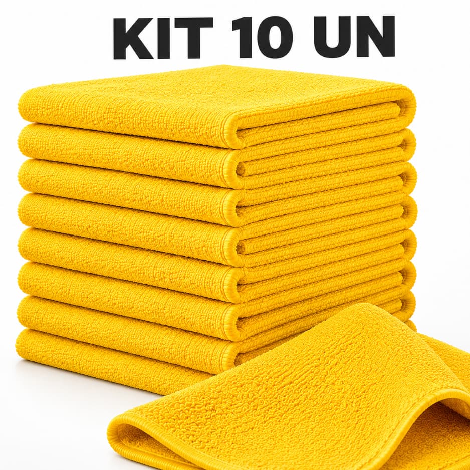 Kit 10 Flanelas Microfibra 360gsm 40x60cm Kers Pano Limpeza Automotiva Carro Casa Cozinha Multiuso Amarelo
