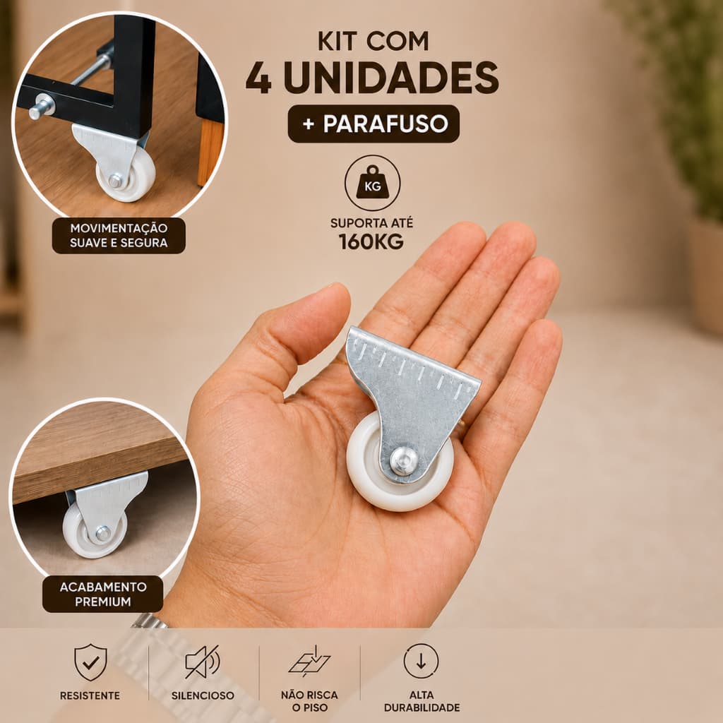 Rodinha 38mm Silicone Branco Kit 4 Rodízio Fixo Para Sofá Cama Móveis Anti Risco e Ruído + Parafusos
