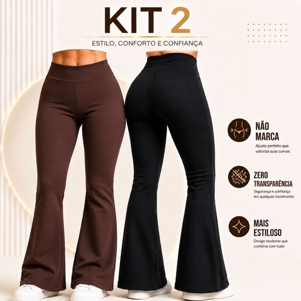 Kit 2 Calças Legging Flare Feminina Suplex Premium Cós Alto Boca de Sino Versátil Frio