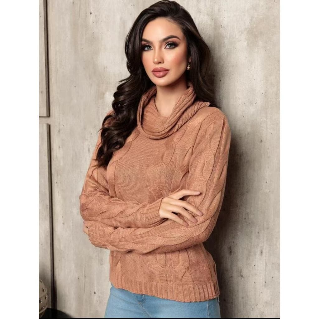 Cesselina moda Blusa de Tricô Feminina Gola Alta Inverno Elegante