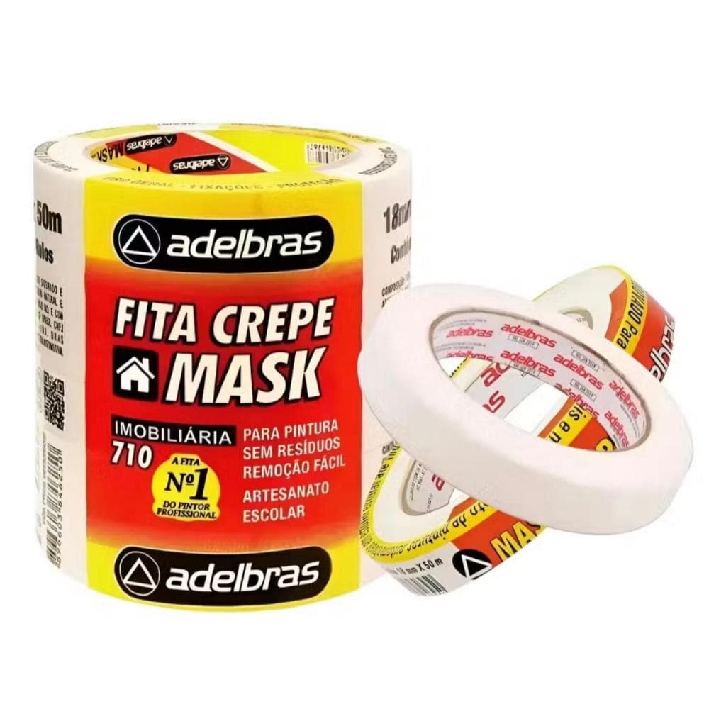 Fita Crepe Adelbras 18mm x 50m Uso Geral Pintura Mascaramento Proteção KIT com 6 Rolos