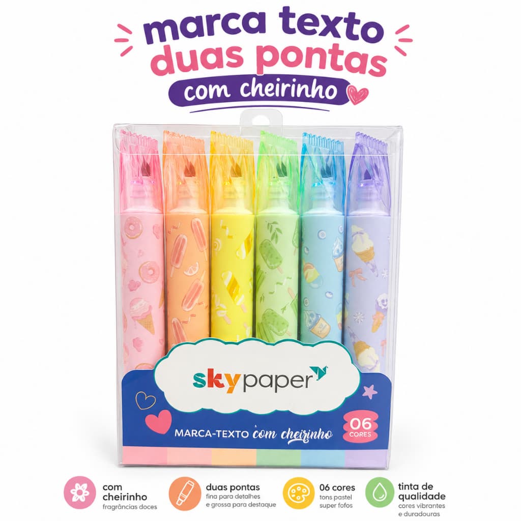 Marca Texto com cheirinho - Duplo Duas pontas - SkyPaper - 6 cores - Caneta Marcador