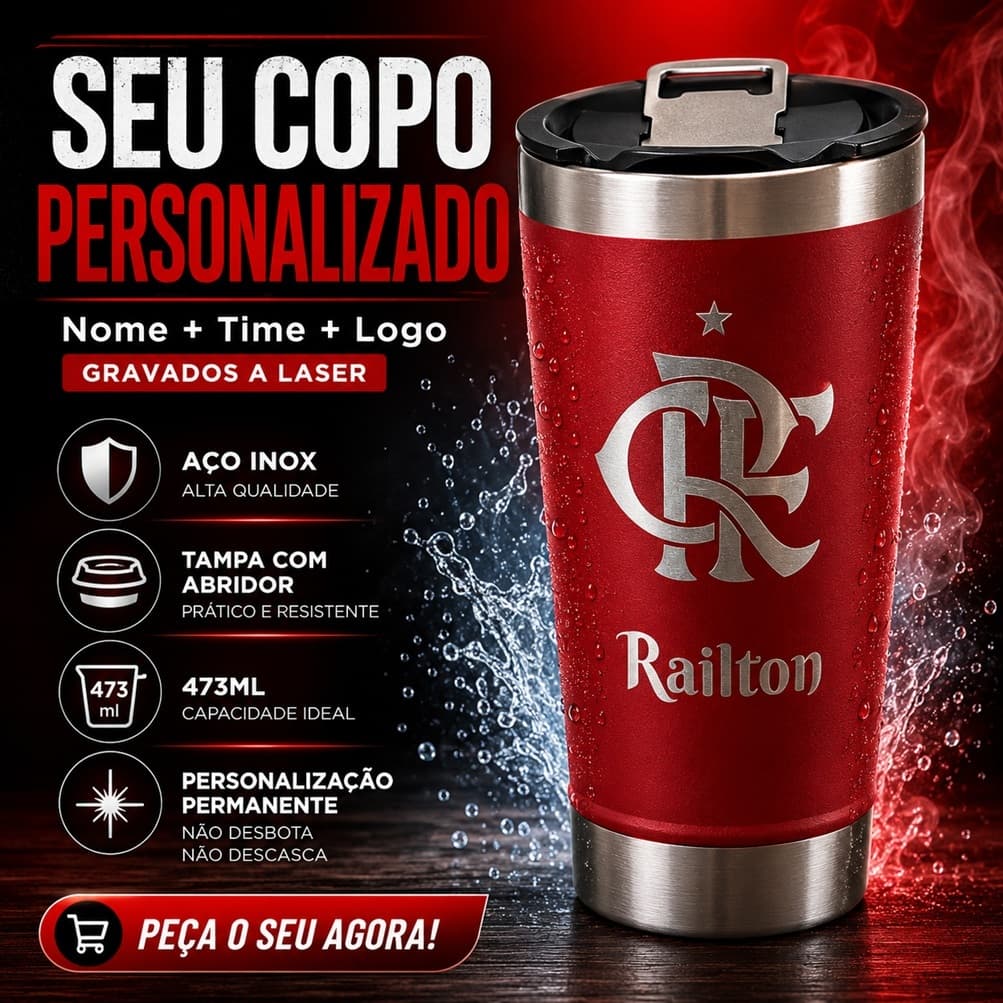 Copo Térmico Personalizado Inox 473ml Com Tampa e Abridor Alta Qualidade Gravação a Laser Nome Time