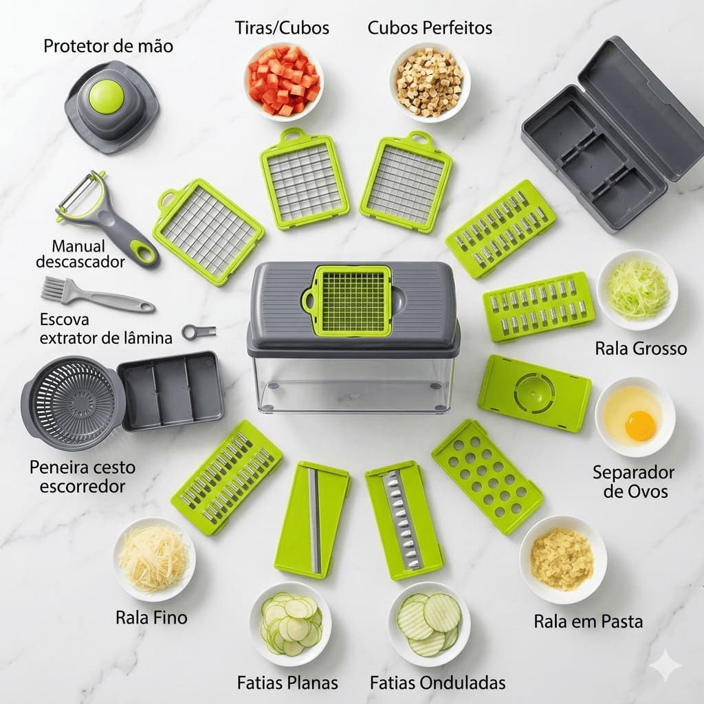 Conjunto Cortadores Raladores Multifuncionais Manual 16 Pecas Utensilios Cozinha Cinza Verde