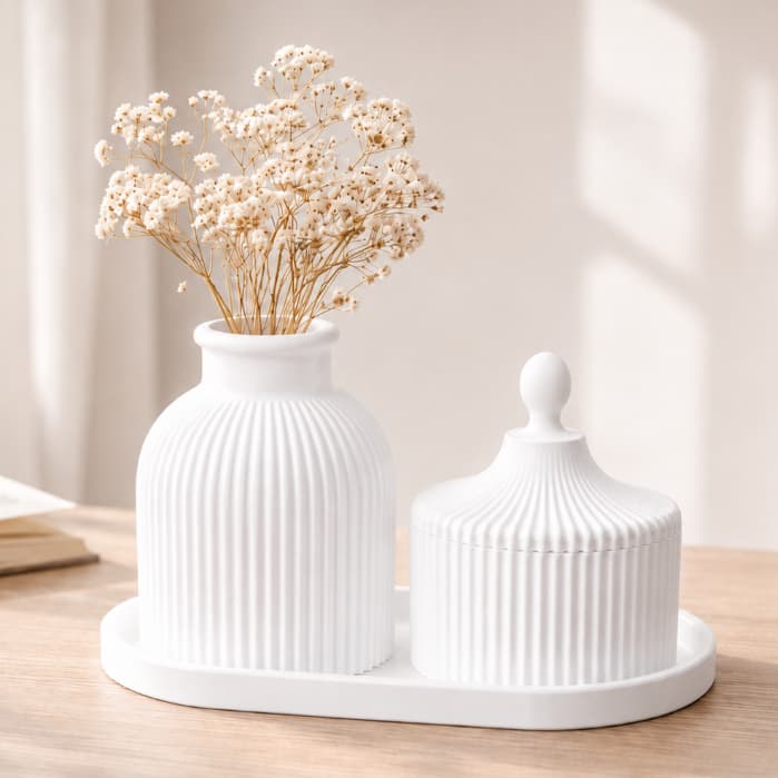 Kit Vaso Decorativo Canelado Pote Com Tampa Bandeja Organizador Mesa Sala Banheiro Nicho