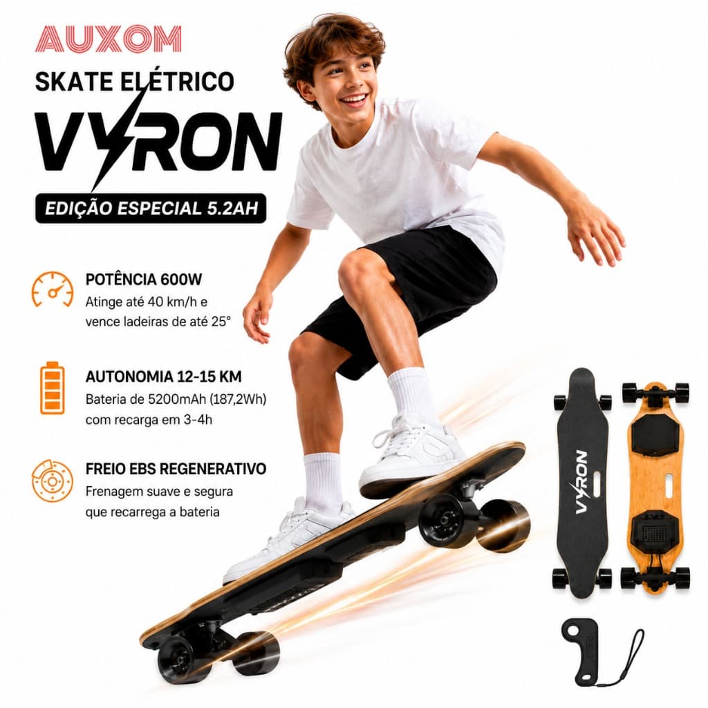 VYRON Skate Elétrico Com Controle 4 Rodas Infantil Longboard 36-42v 600w 8 Amperes Preto