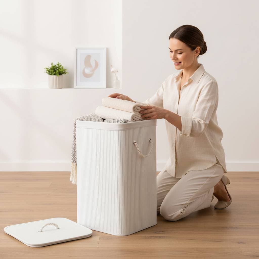 Cesto Organizador de Bambu 70L BRANCO com Alças e Tampa – Elegância, Organização e Praticidade para Sua Casa