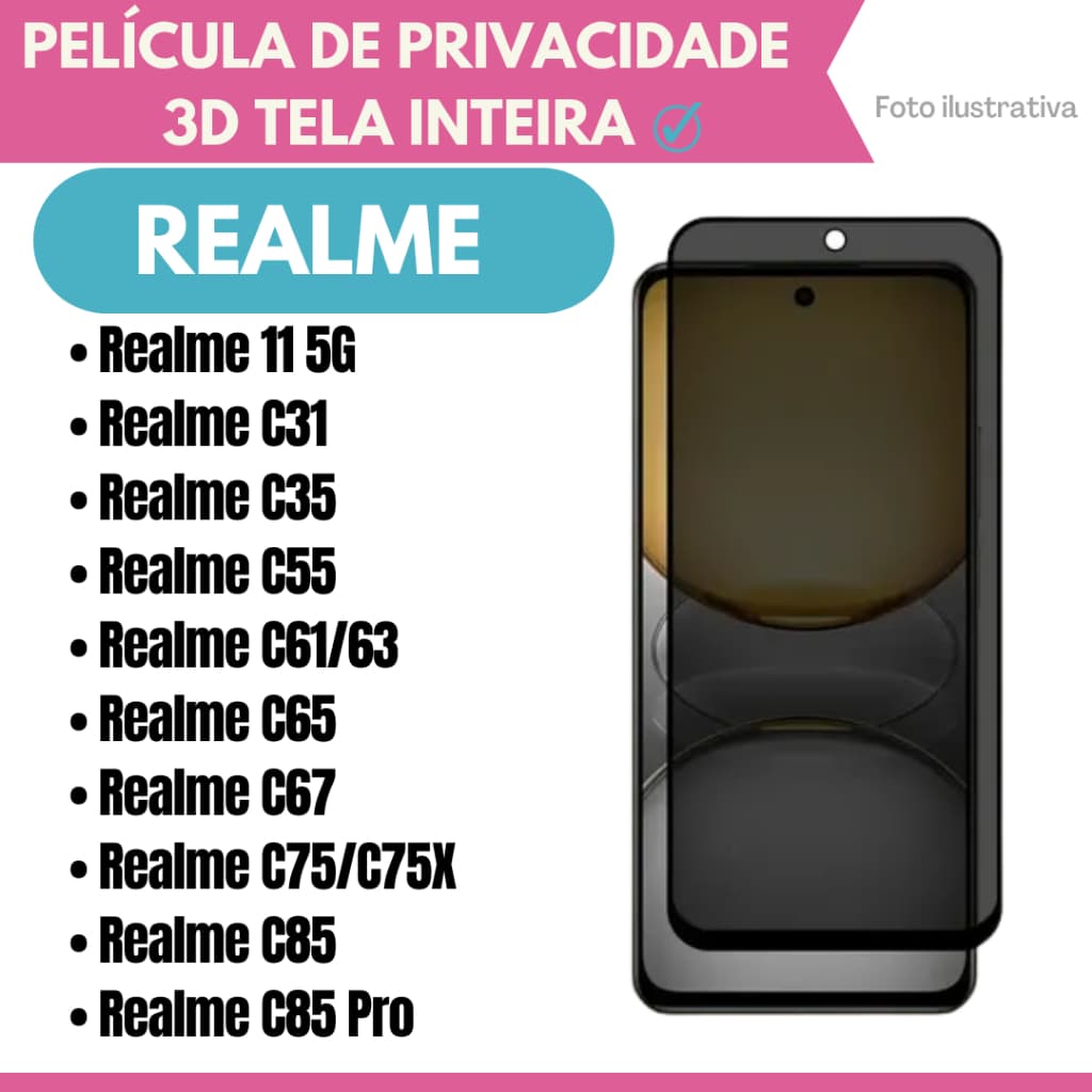 Película de Vidro de Privac. Para Realme 11 5G/C31/C35/C55/C61-C63/C65/C67/C75-C75X/C85/C85 Pro/ Protetor de Tela.