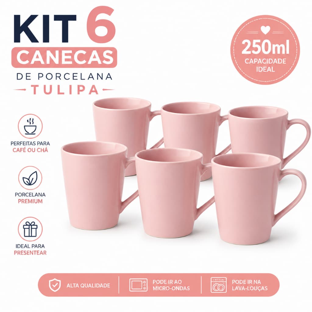 Kit 6 Xícaras Canecas Tulipa Porcelana 250ml Coloridas Café Chá Cappuccino Mesa Posta