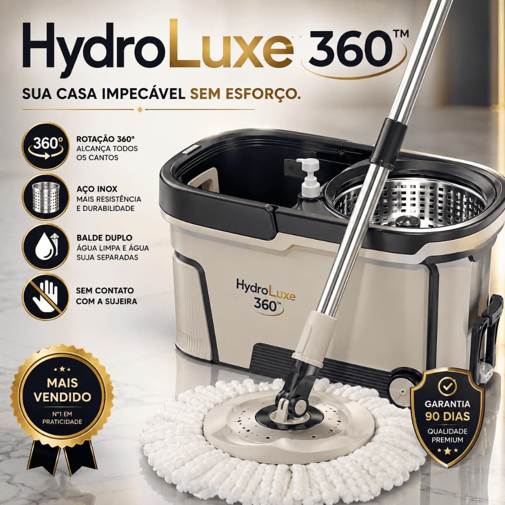 Mop Giratorio Limpeza Facil Duo 360 Balde Duplo Centrifuga Aco Inox Powermaid