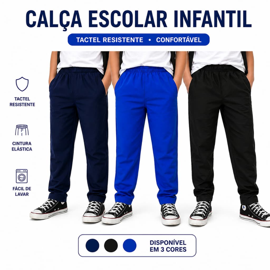 Calça Escolar Infantil Menino Tactel Preto Azul Royal e Marinho Uniforme Juvenil 2 a 16 Anos