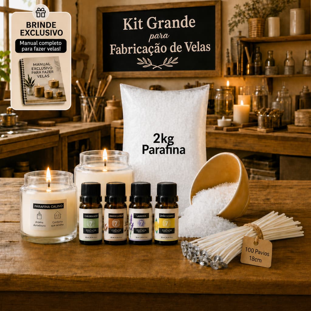 Kit p/Velas Perfumadas Decorativas - 2KG Parafina Lentilhada + Essência PREMIUM + 100 Pavios c/Ilhós