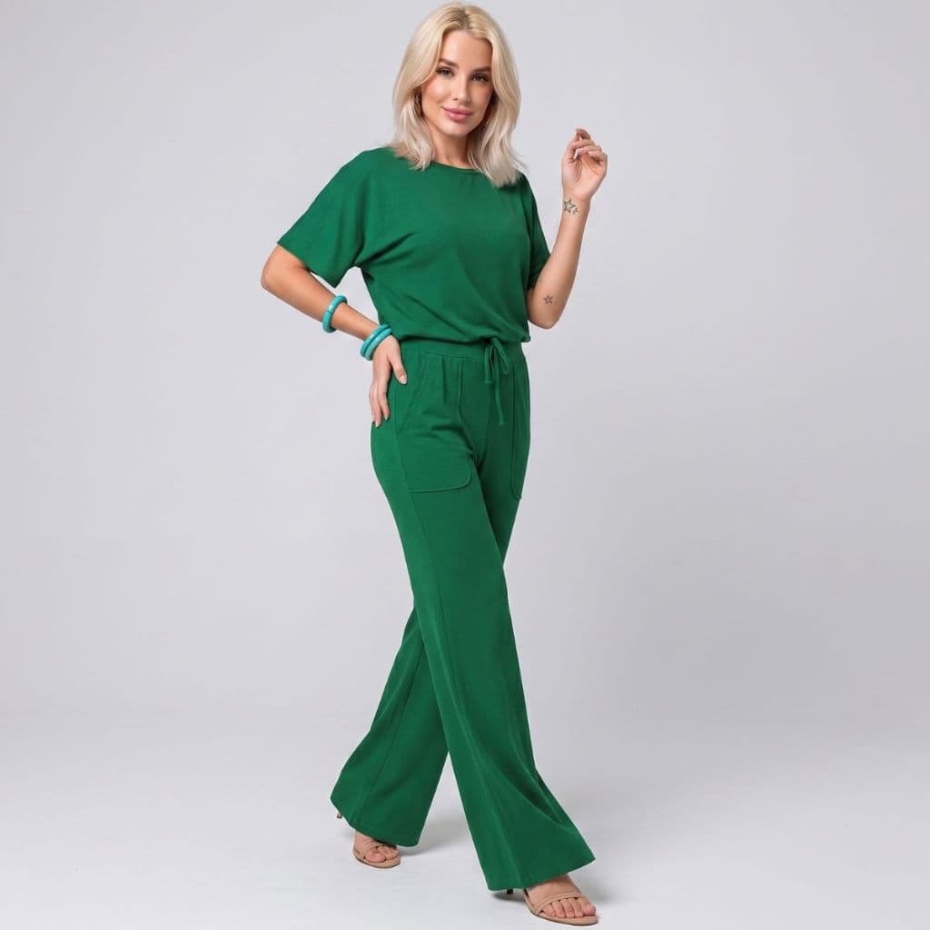 Conjunto Feminino Moletinho Calça Pantalona E Blusa Casual Conforto Ideal Moda Casual - Envio Imediato
