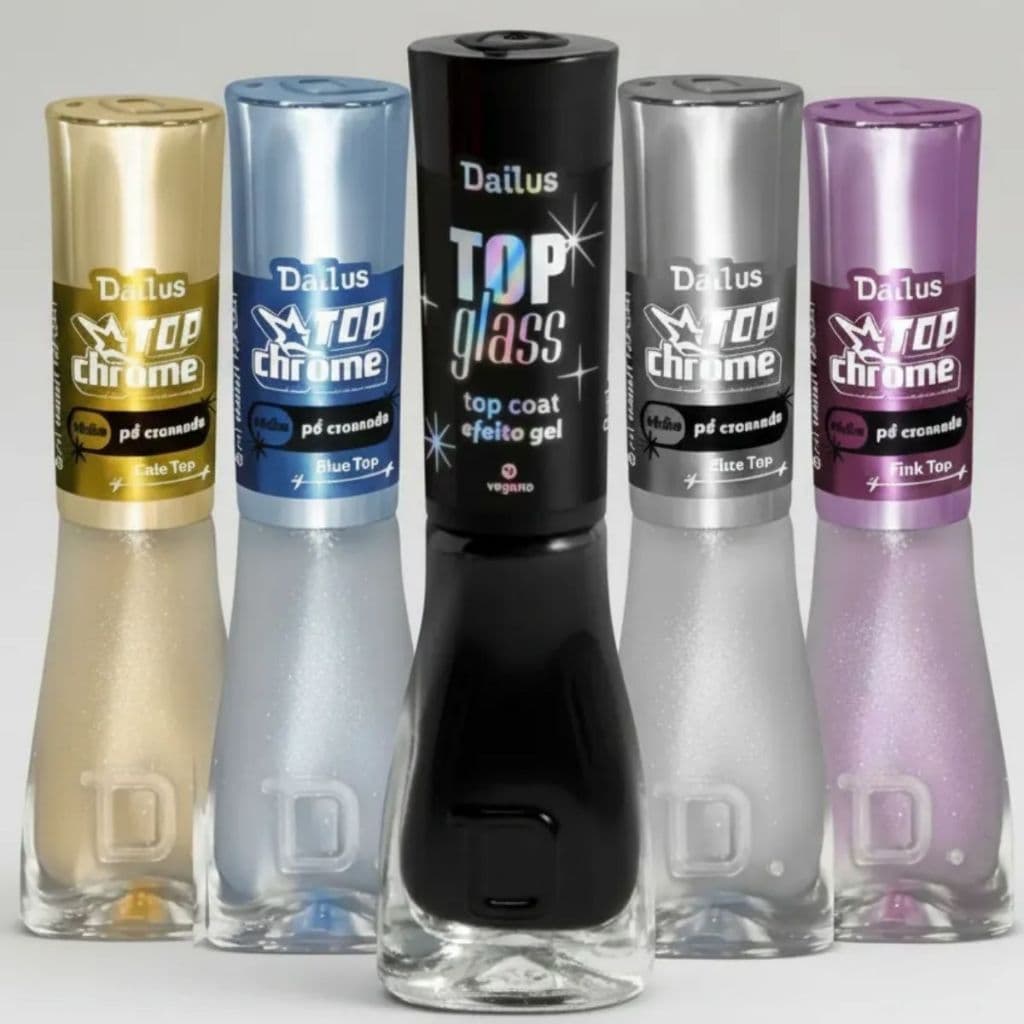 Esmalte Dailus Top Coat Top Chrome Efeito Pó Cromado + Top Glass Efeito Gel Lançamento Manicure Pedicure