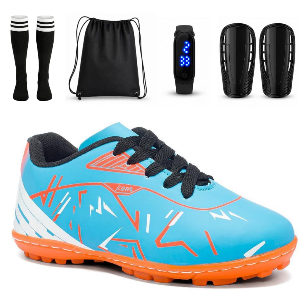 Kit Chuteira Masculino Infantil Campo Society Antiderrapante Meião Mochila Relógio Caneleira 28 Ao 33