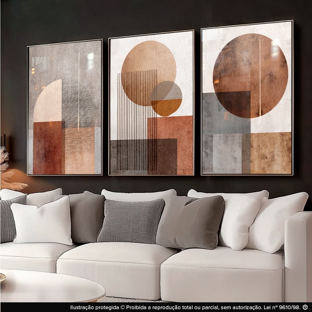 Quadros Decorativos Abstrato Formas Geométricos Tons Neutros Moderno 3 Peças 122x60