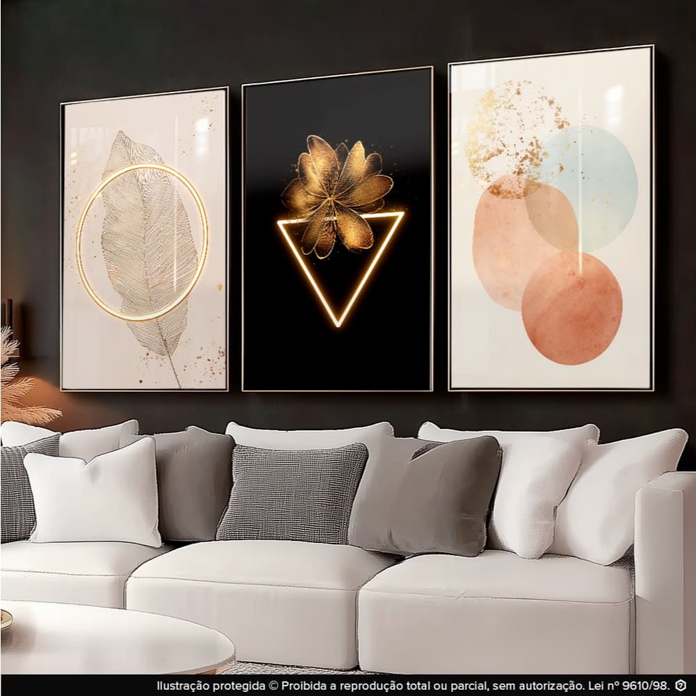 Quadros Decorativos Abstrato Boho Trio Minimalista Flores 122x60