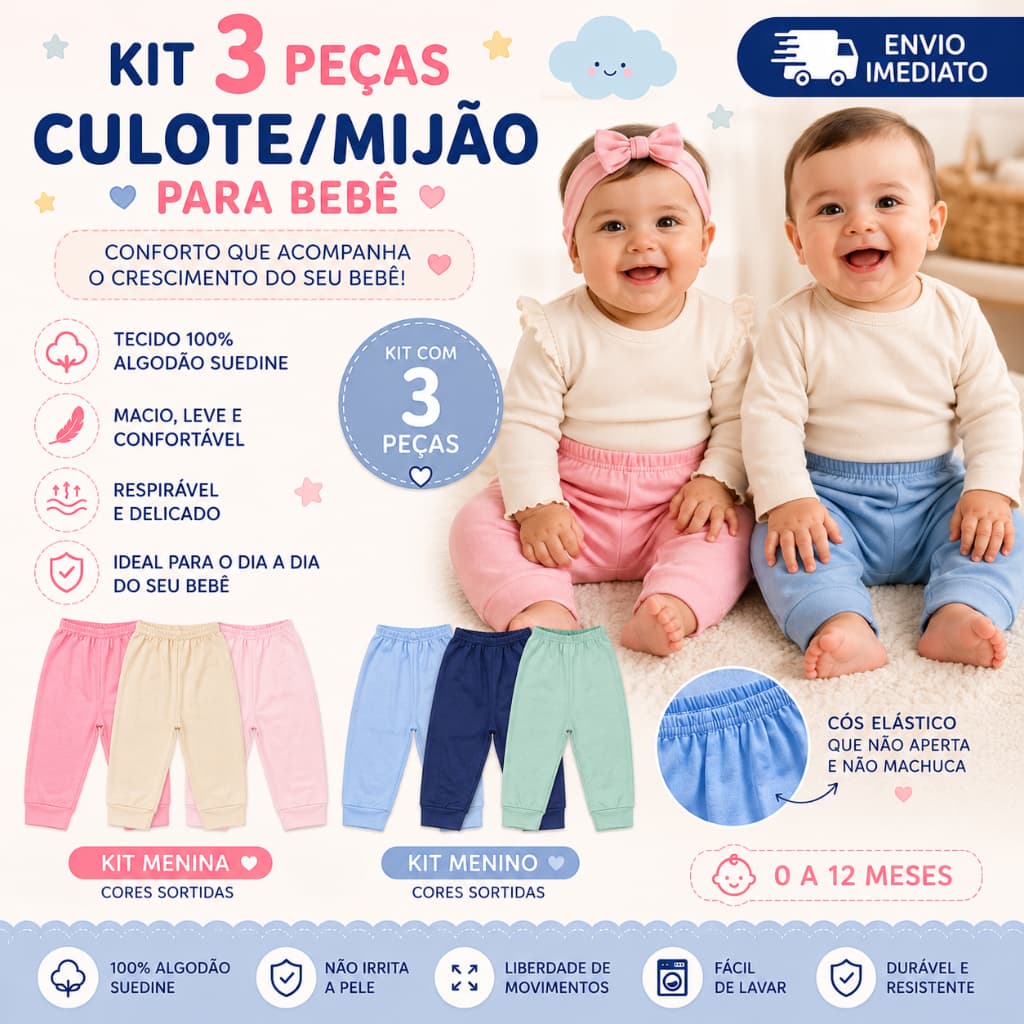 Kit mijão bebê/Culote bebê/calça bebê/Mijão suedine 100% algodão/mijão culote menino menina