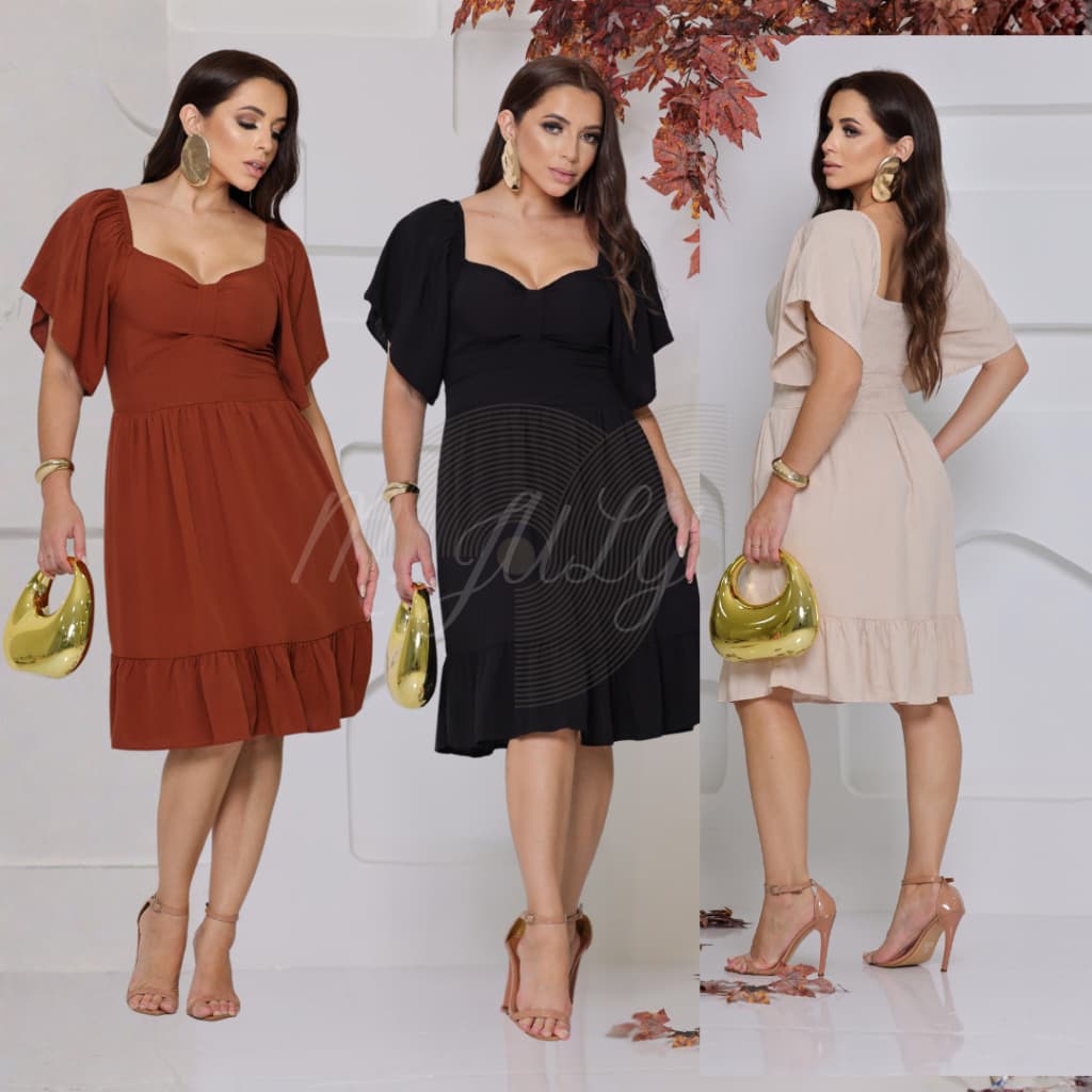 Vestido Feminino Curto Midi Rodado Decote Coração Manga Curta Ampla Lastex Confortável Casual