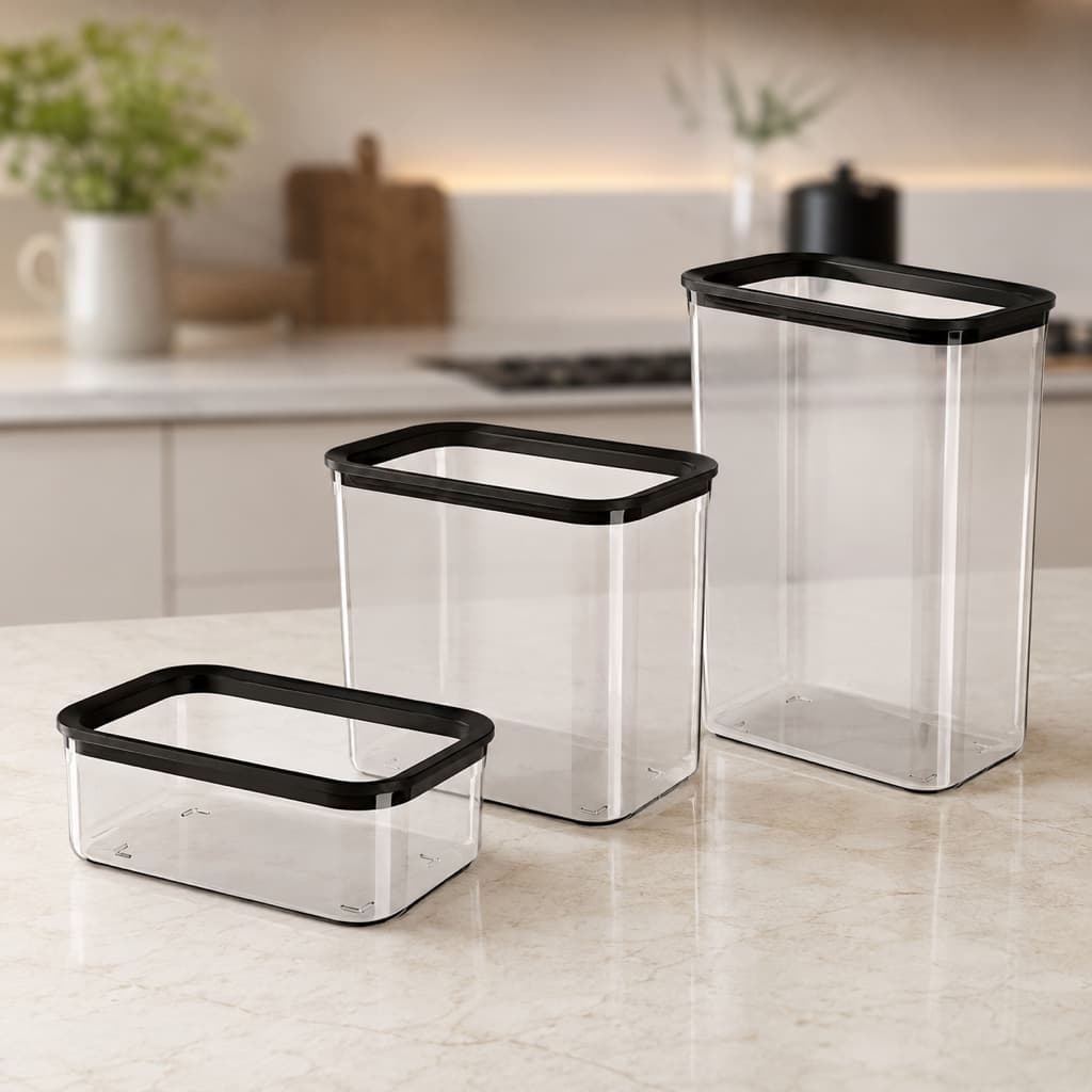 Kit 3 Potes Herméticos Plástico Tampa Preta Para Grãos Massas Cereais Petiscos Despensa Cozinha Lar