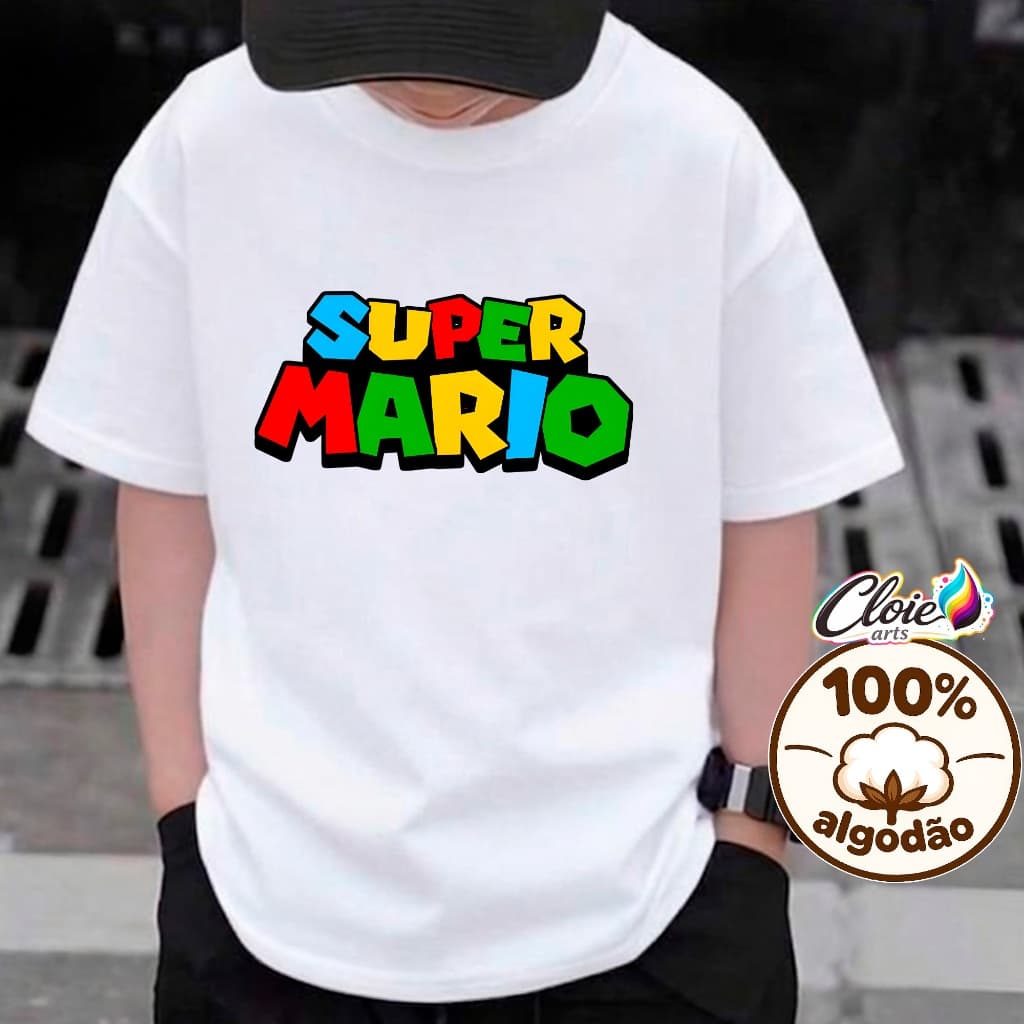 Camiseta Infantil 100% Algodão Super Mario Minimalista Logo Estilosa Tendencia Gamer Estilo A Mais Procurada Básica kids