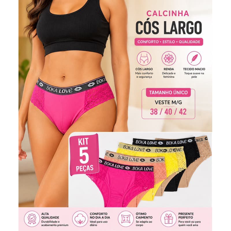 CALCINHAS COS LARGO COM RENDA E ELÁSTICO KIT COM 5 UNIDADES