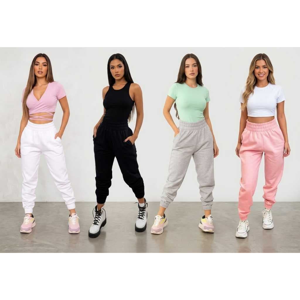 Kit 4 Calça Jogger Moletom Feminino 2 bolsos