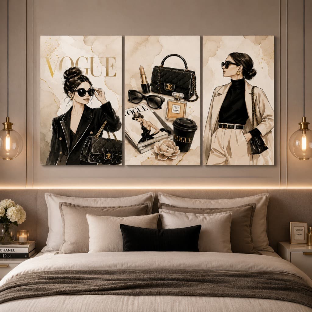 Kit 3 Quadros Vogue Fashion Luxo Feminino Decorativo Moderno Para Sala Quarto Escritório