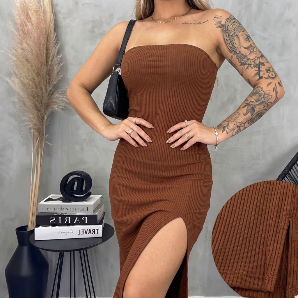 Moda Feminina Vestido Midi Marrom Canelado Tomara Que Caia Envio Imediato