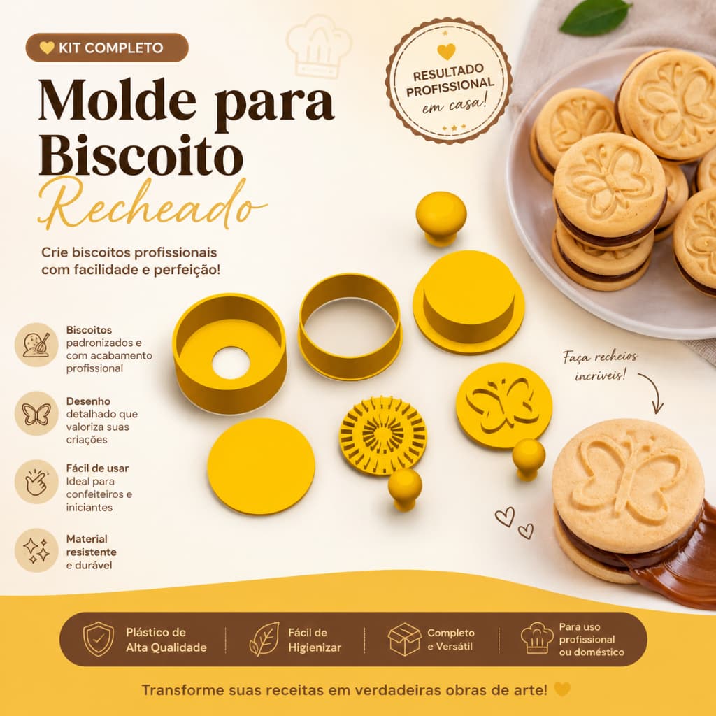 CORTADOR DE BISCOITO BISCOMOLD 3D 4 CM + CARIMBOS 3,5 CM  RECHEADO TORTINHA BISCONUT NUTELLA