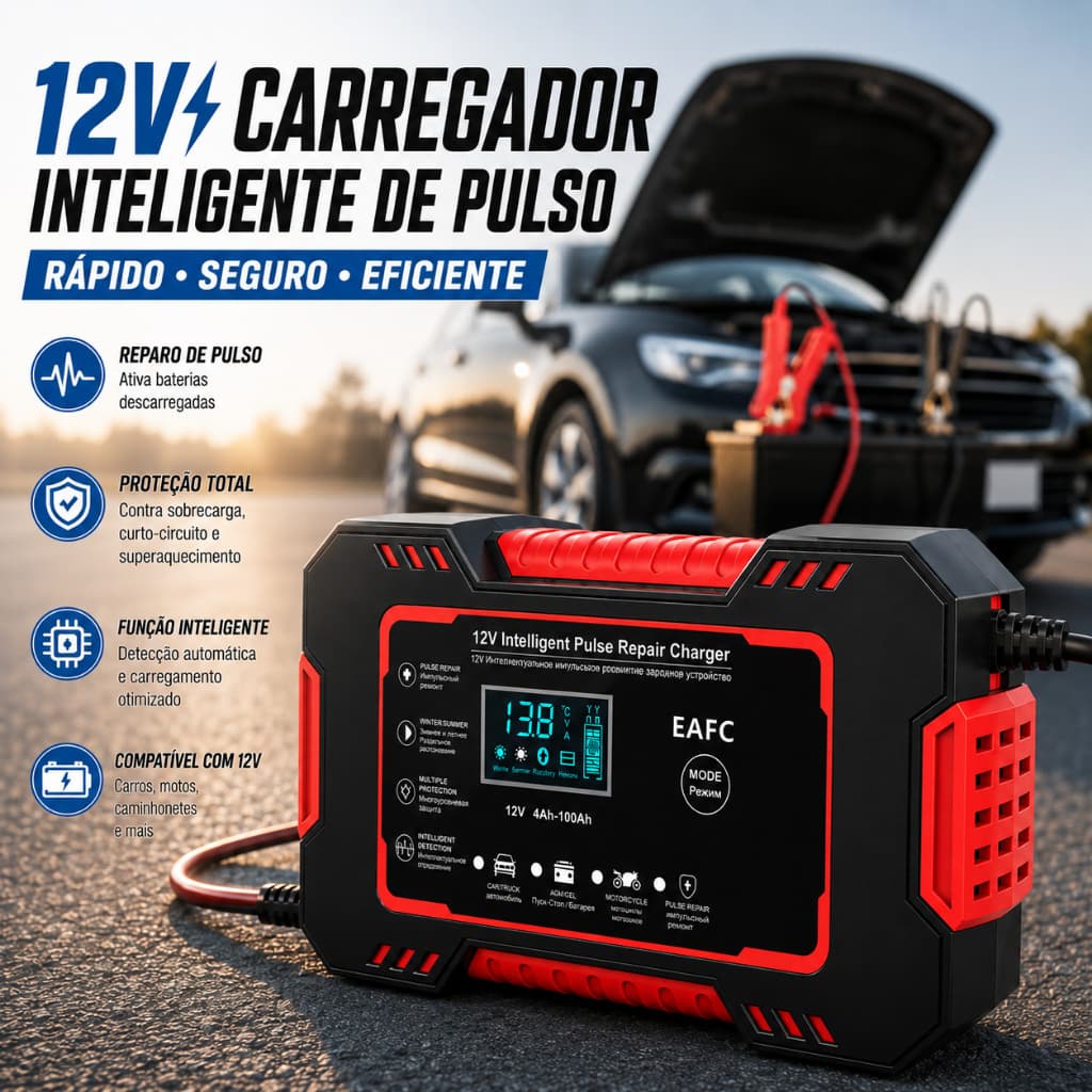 Carregador Inteligente de Bateria 12V LCD Digital Automático com Reparo por Pulso para Carro e Moto