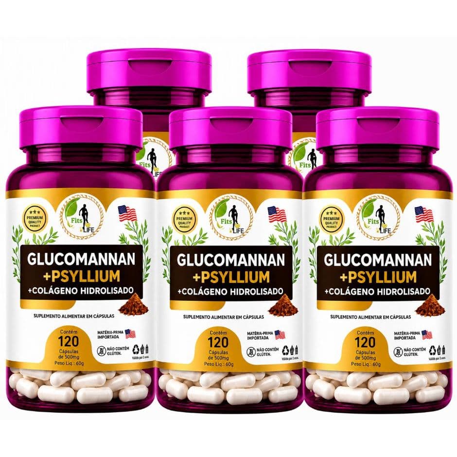 5x Glucomannan + Psyllium + Colágeno Hidrolisado 120 Cápsulas – Suplemento Natural - Envio Imediato