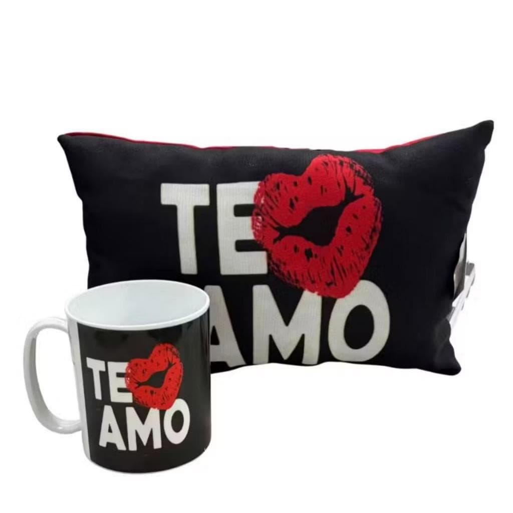 kit almofada 14x23 cm e com caneca de plástico 350ml para presente e cesta