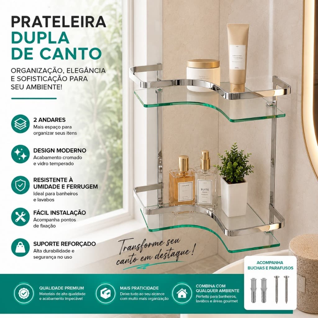 Porta Shampoo Duplo Vidro 6mm Suporte Banheiro Meia Lua Premium