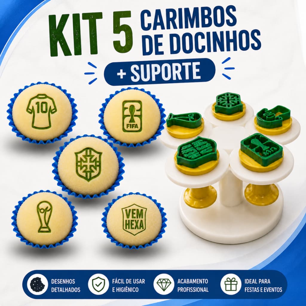 Kit 5 Carimbos de Docinhos Suporte Seleção Copa do Mundo Brigadeiro Confeitaria Profissional