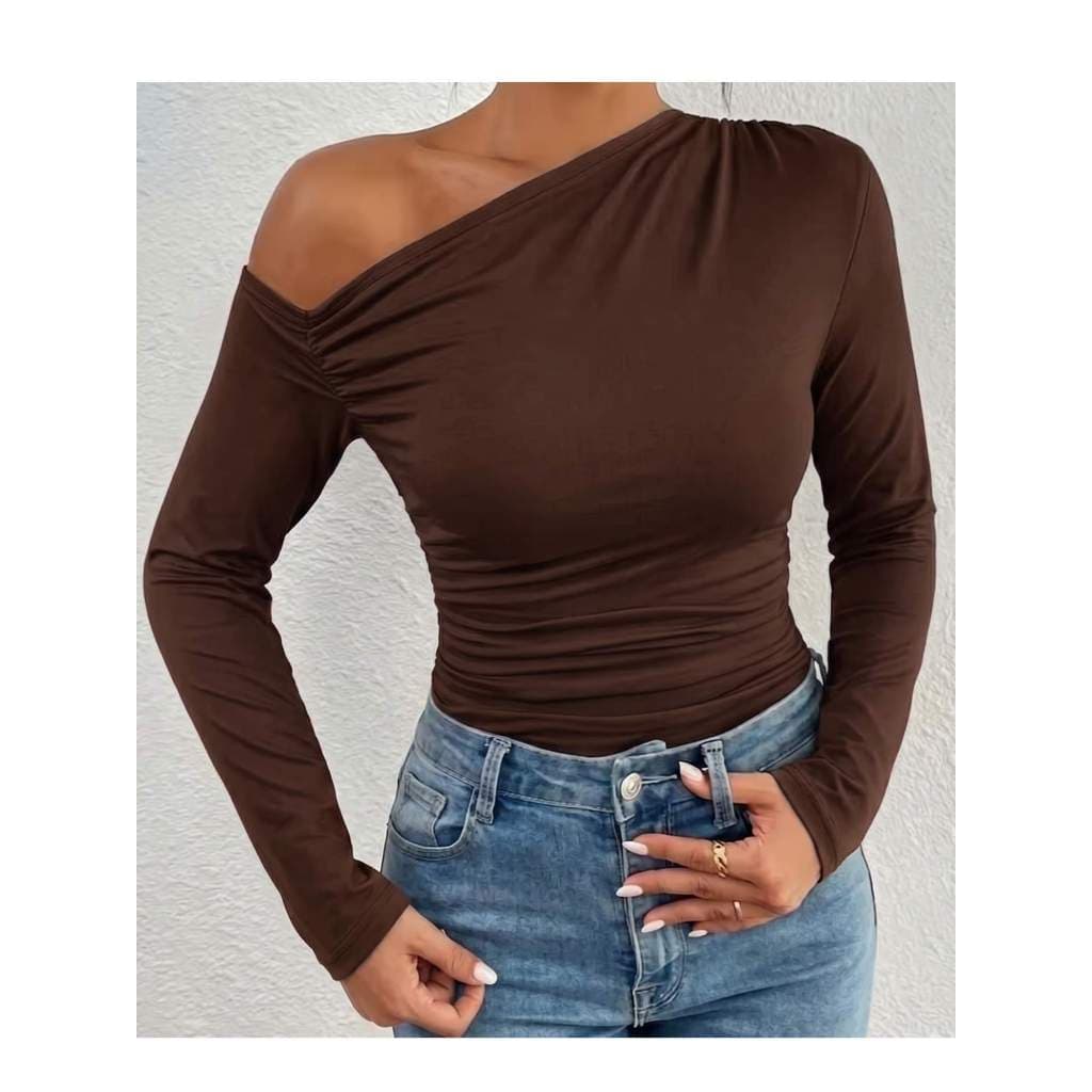 Body Feminino Manga Longa Suplex Premium Drapeada Elegante Moda Blogueira Assimétrico Ombro Amostra