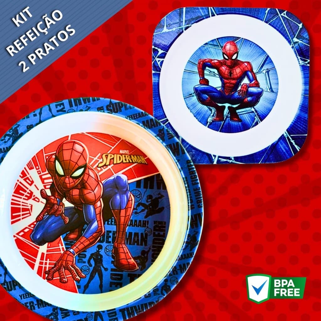Kit Alimentação Infantil Homem Aranha Prato Refeição e Sobremesa Resistente Livre de BPA
