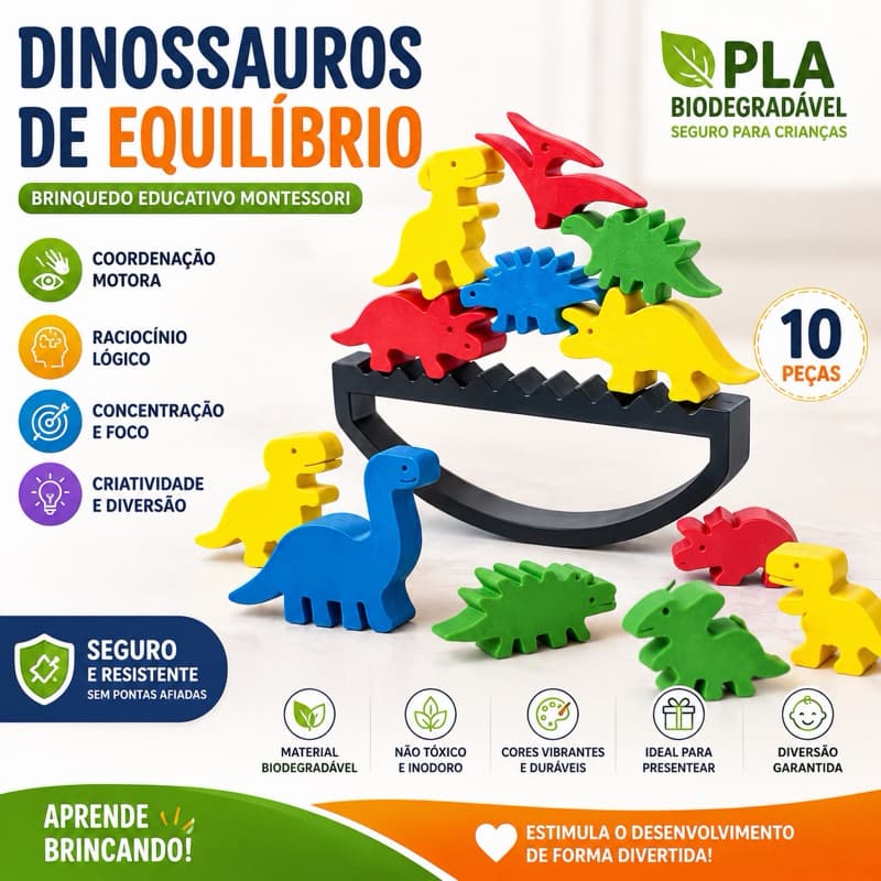 Brinquedo Educativo Montessori Dinossauros Equilíbrio Coordenação Motora Encaixe Infantil 10 Peças