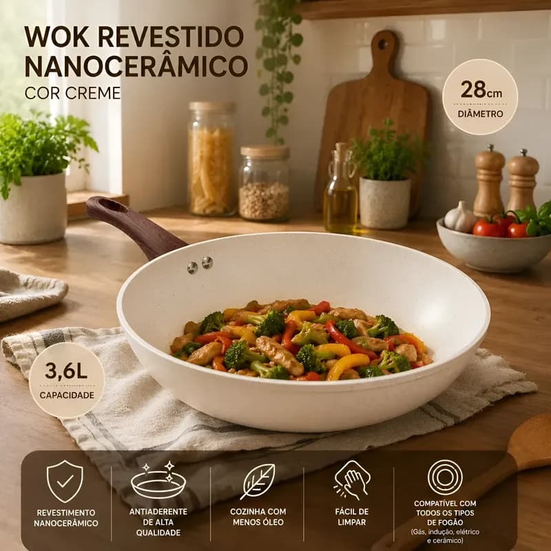Frigideira Wok 28cm Antiaderente Nanocerâmica Premium Compatível Indução Fácil Limpeza Creme